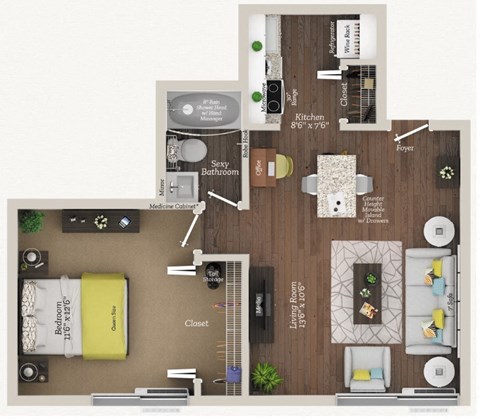 Floor Plan A2 AFF at City Club Apartments Lafayette Park, Detroit, Michigan